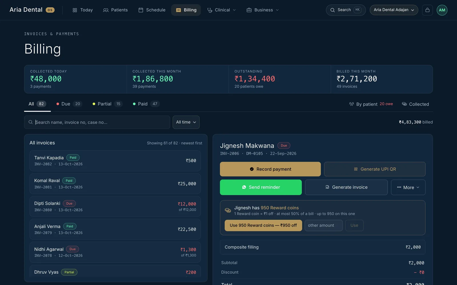 An invoice with part-payment, balance due and a UPI QR button
