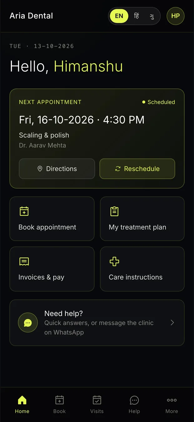 The patient app home screen on a phone