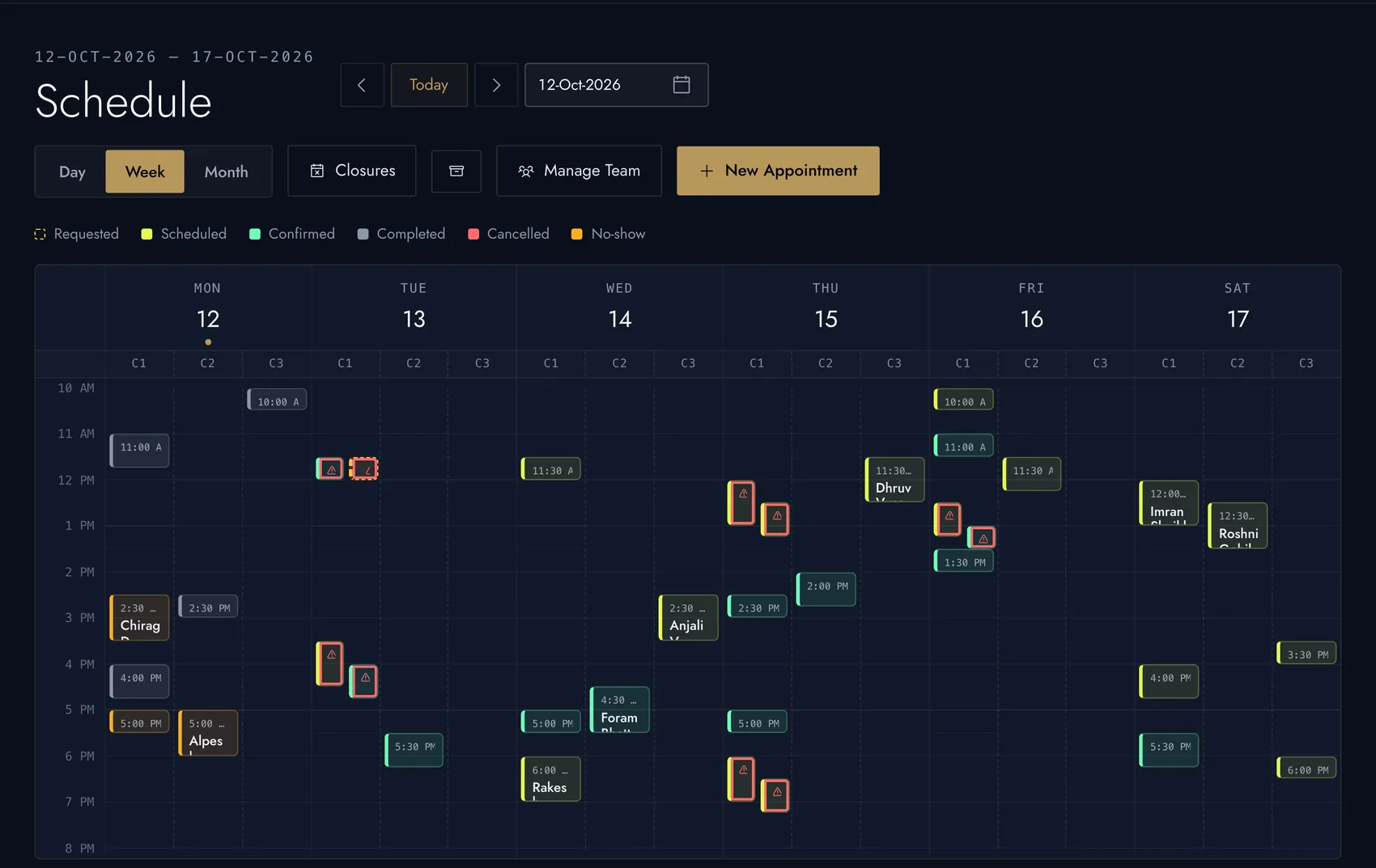 The schedule: a week by chair, with colours for requested, scheduled, confirmed, completed, cancelled and no-show