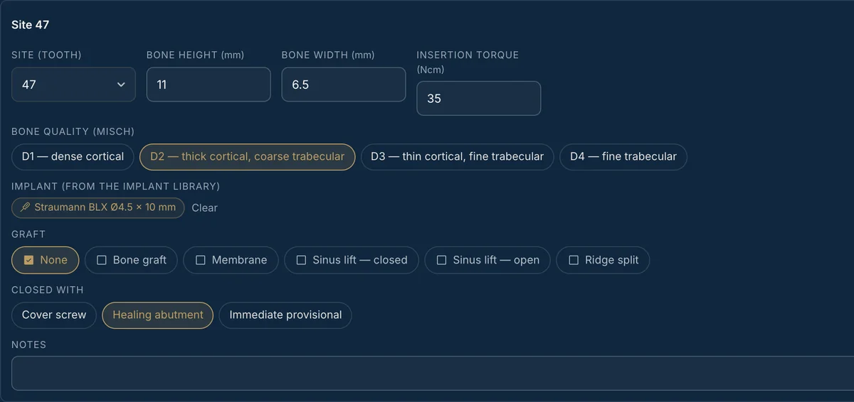 The Implants record card in Odontra, filled with a sample record