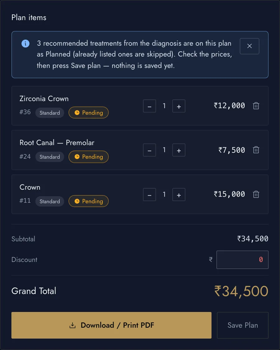 The treatment plan lists Zirconia Crown on 36, Root Canal Premolar on 24 and Crown on 11 with prices and a grand total, marked Pending