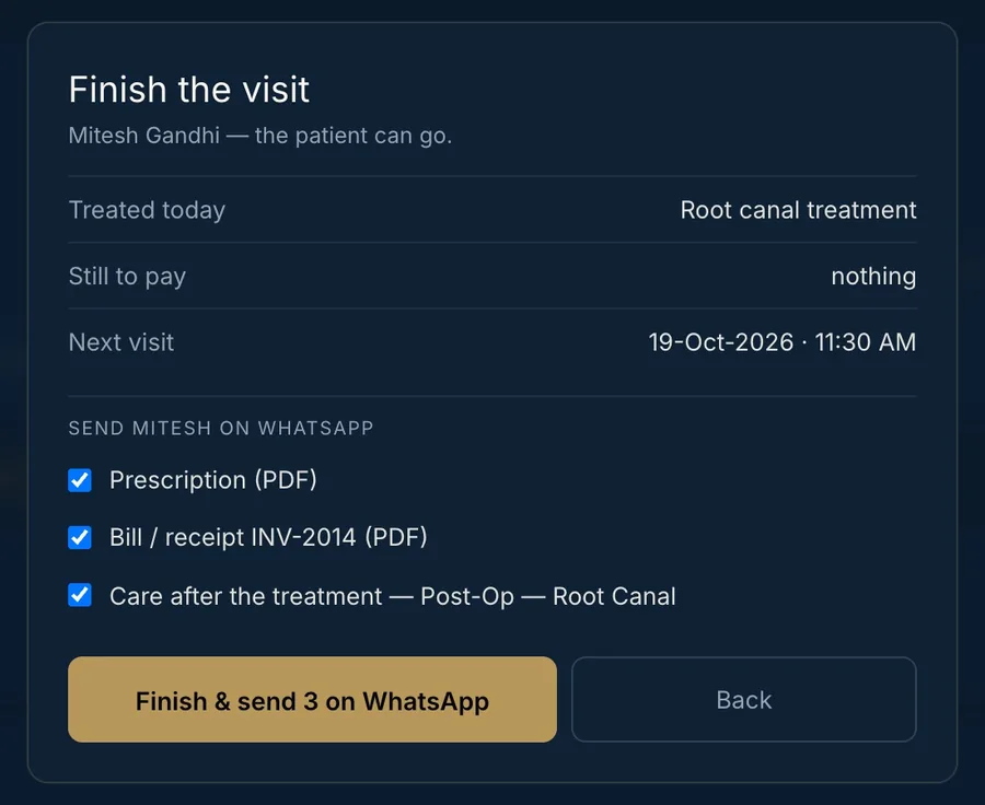The finish-visit pop-up: treated today, nothing to pay, next visit, and three documents to send on WhatsApp