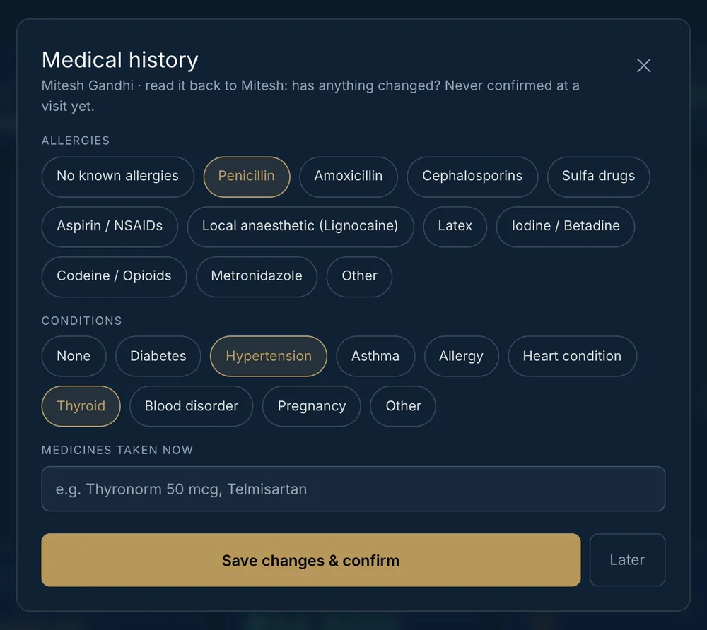 The medical history pop-up: allergies, conditions and medicines to confirm
